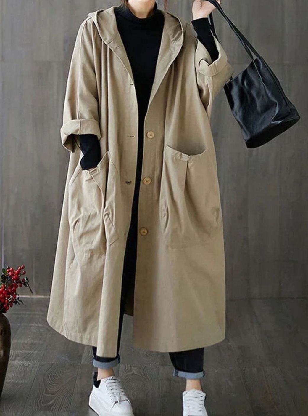 Women's Oversized Hooded Button-Up Long Trench Coat