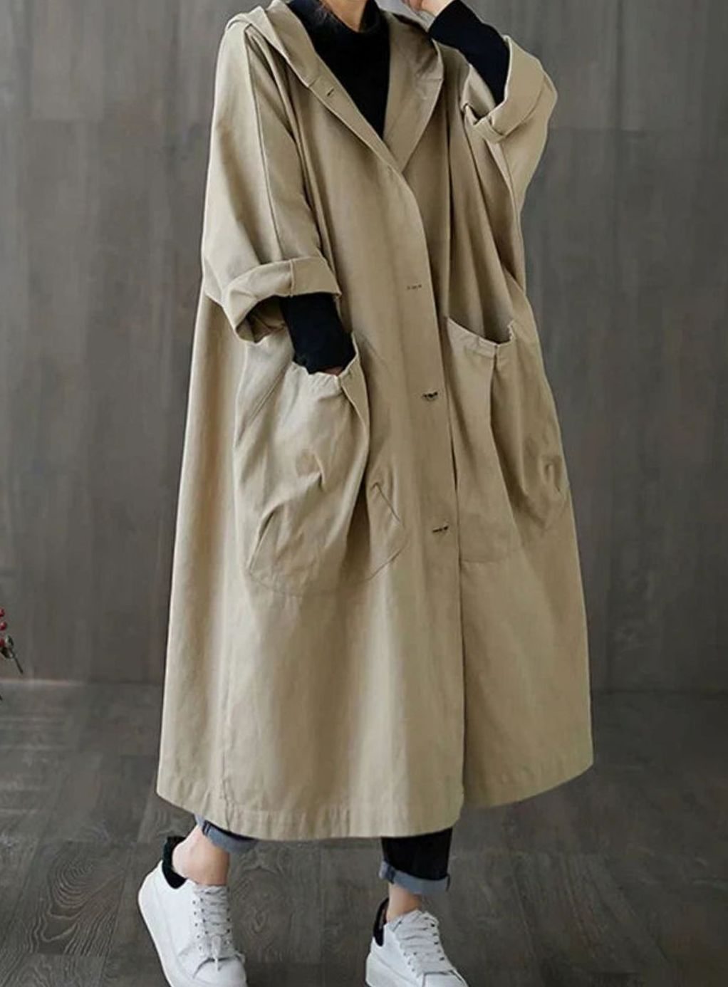 Women's Oversized Hooded Button-Up Long Trench Coat