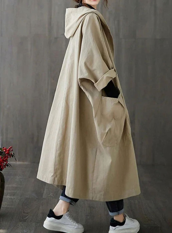 Women's Oversized Hooded Button-Up Long Trench Coat - Beige
