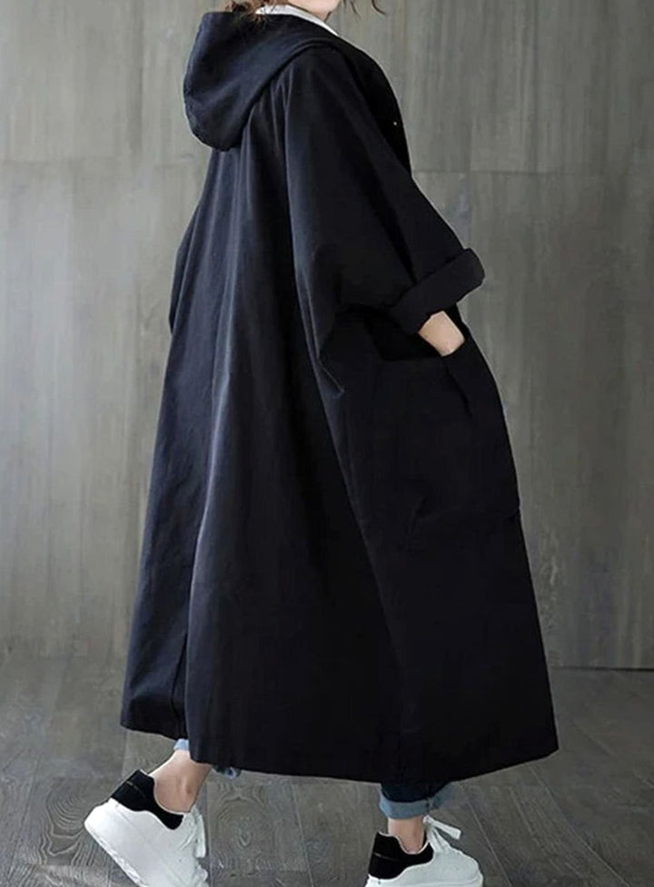 Women's Oversized Hooded Button-Up Long Trench Coat - Black
