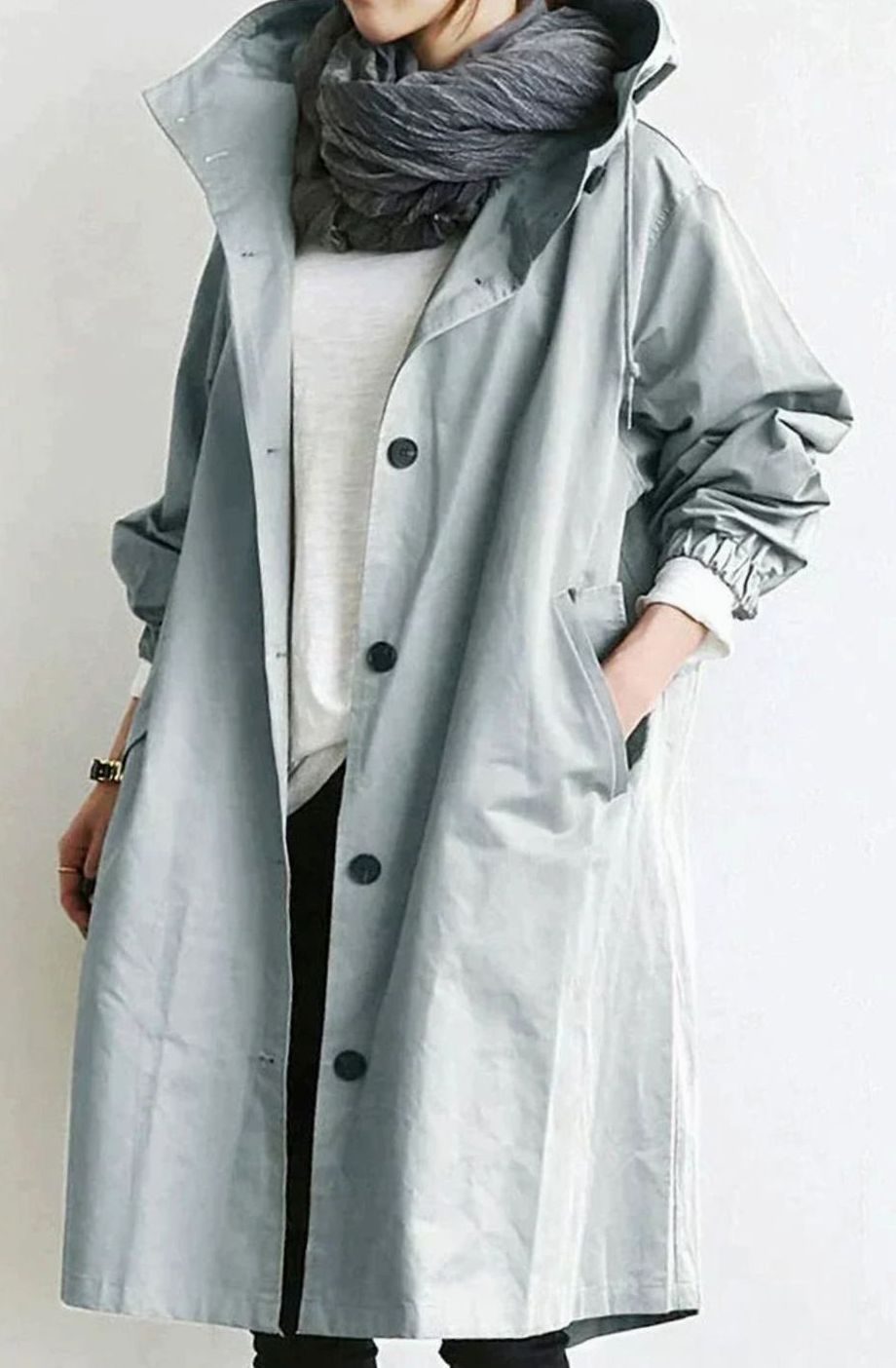Women's Oversized Hooded Button-Up Longline Trench Coat Leichter - Grey