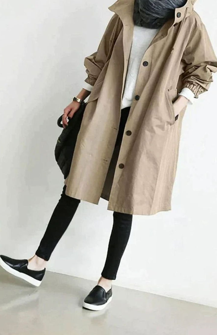 Women's Oversized Hooded Button-Up Longline Trench Coat Leichter - Beige