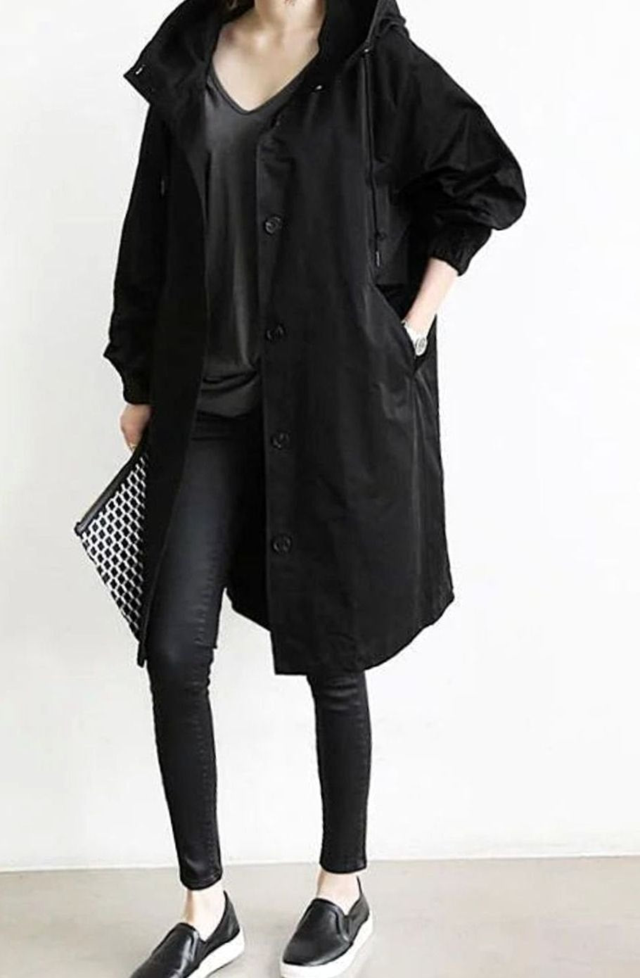 Women's Oversized Hooded Button-Up Longline Trench Coat Leichter - Black