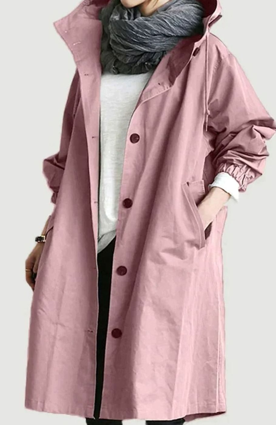 Women's Oversized Hooded Button-Up Longline Trench Coat Leichter - Pink