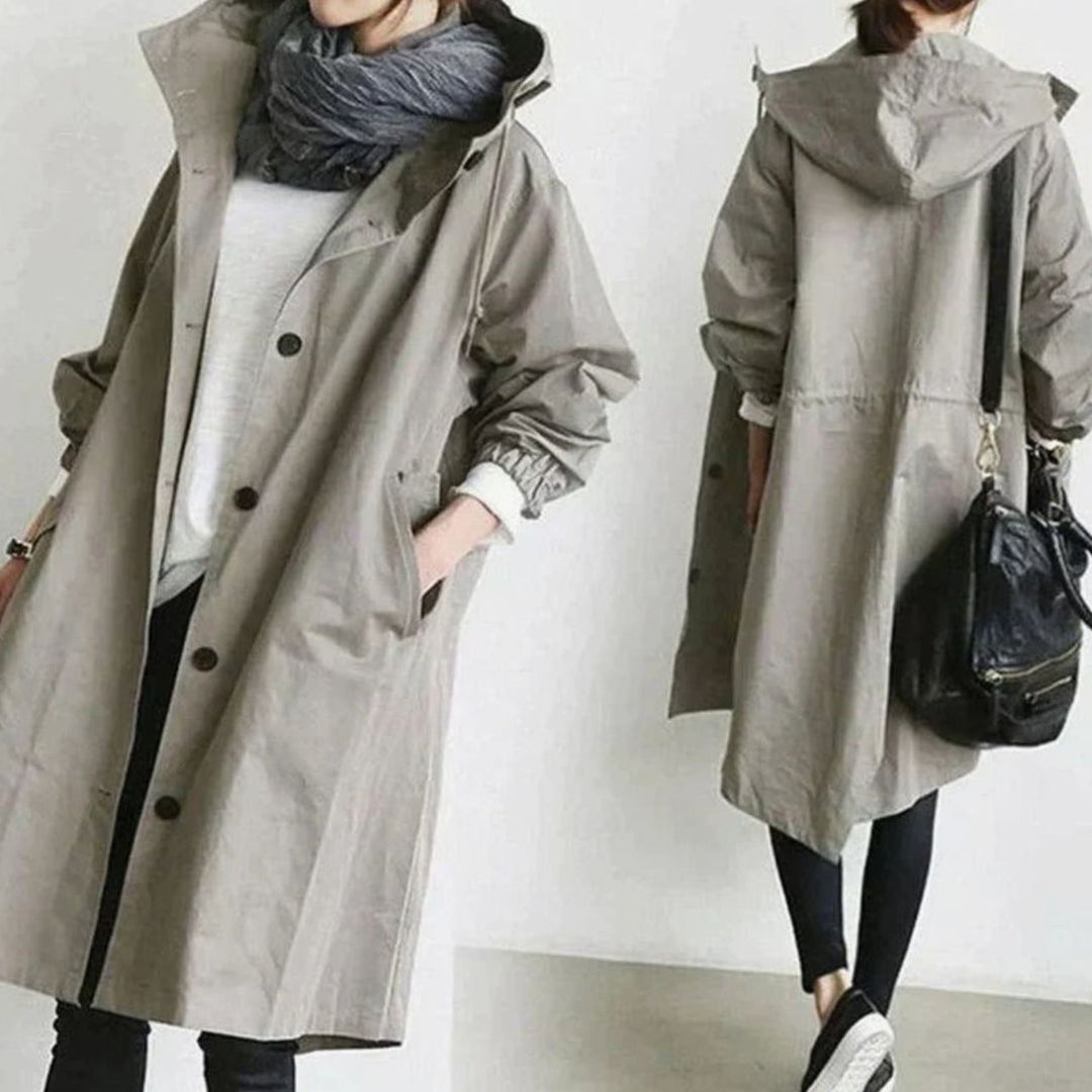 Women's Oversized Hooded Button-Up Longline Trench Coat Leichter - Light Grey