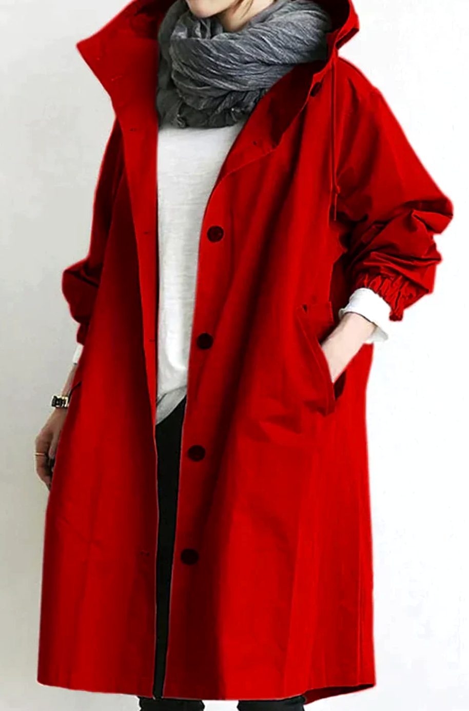 Women's Oversized Hooded Button-Up Longline Trench Coat Leichter - Red