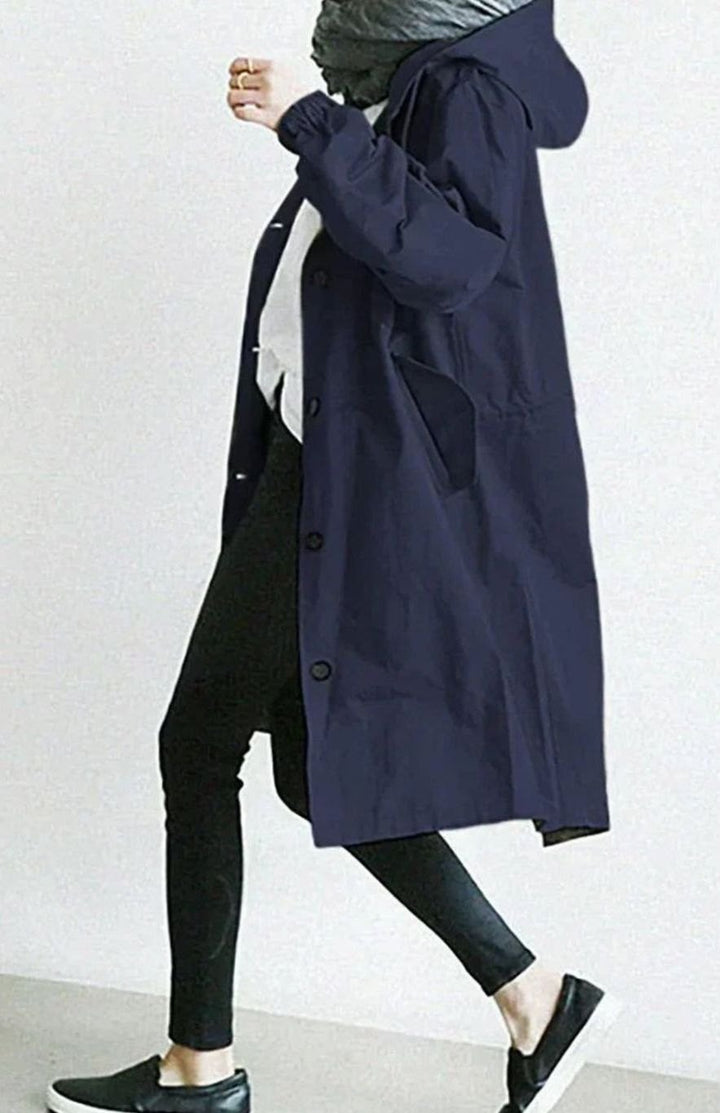 Women's Oversized Hooded Button-Up Longline Trench Coat Leichter - Navy Blue