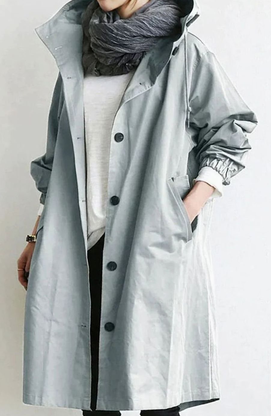 Women's Oversized Hooded Button-Up Trench Coat Trenchcoat - Grey