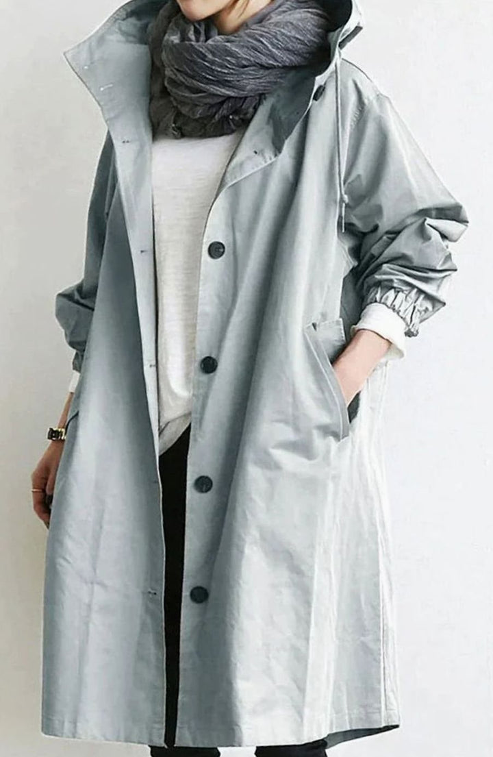 Women's Oversized Hooded Button-Up Trench Coat Trenchcoat - Grey