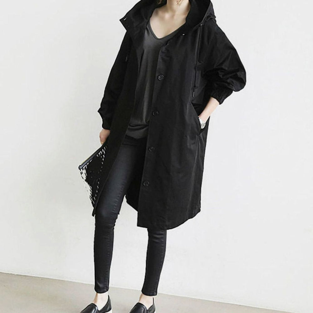 Women's Oversized Hooded Button-Up Trench Coat Trenchcoat - Black
