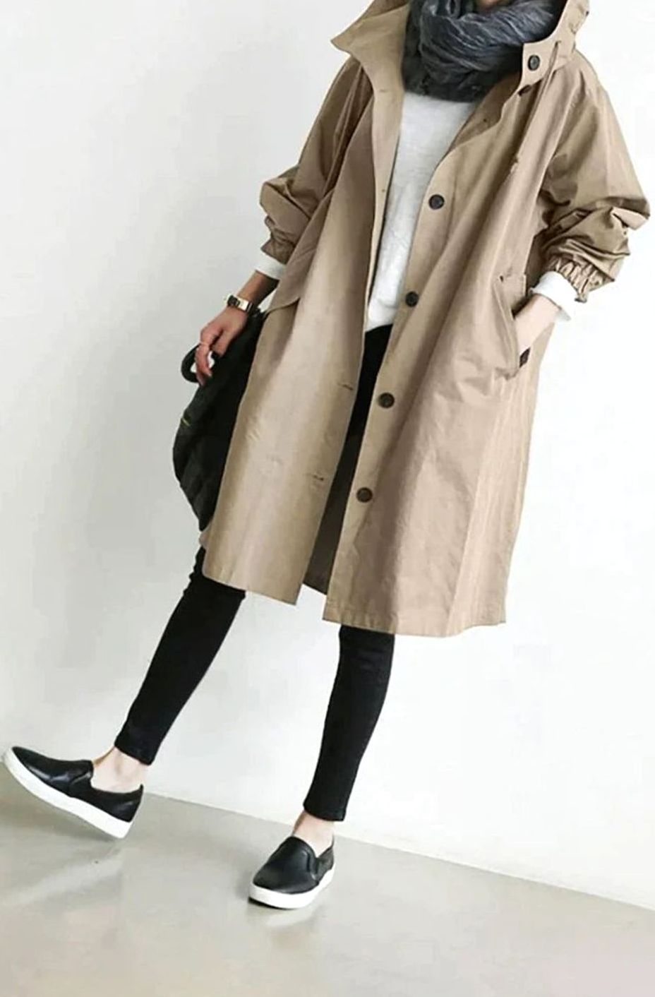 Women's Oversized Hooded Button-Up Trench Coat Trenchcoat - Beige