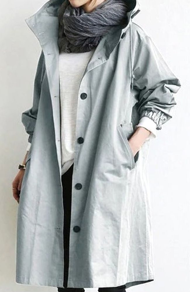 Women's Oversized Hooded Button-Up Trench Coat Trenchcoat - Light Grey