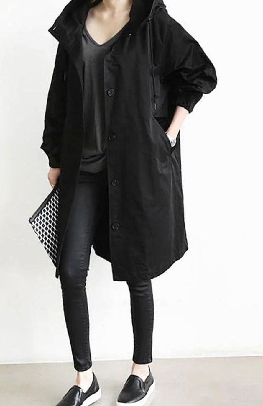 Women's Oversized Hooded Button-Up Trench Coat Trenchcoat - Black