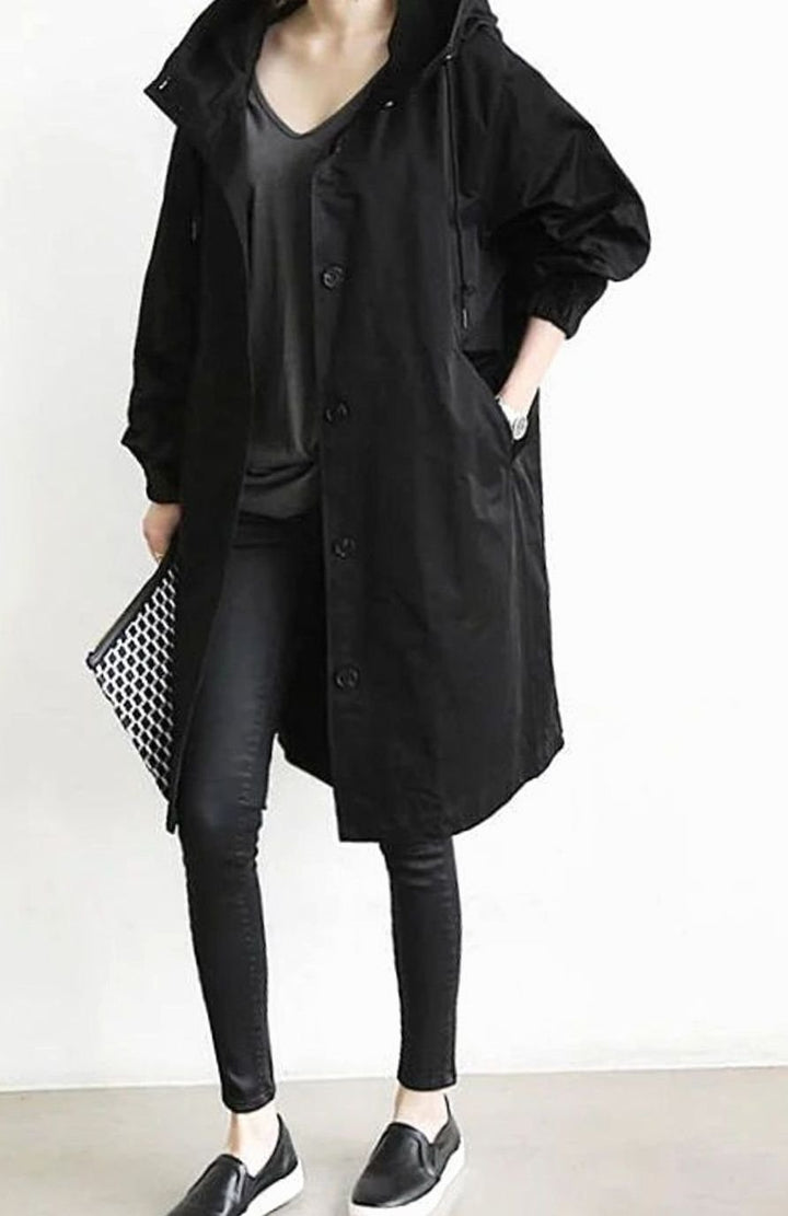 Women's Oversized Hooded Button-Up Trench Coat Trenchcoat - Black