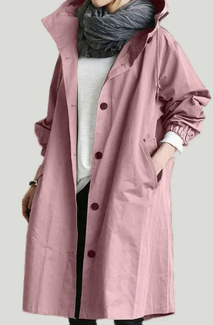 Women's Oversized Hooded Button-Up Trench Coat Trenchcoat - Pink