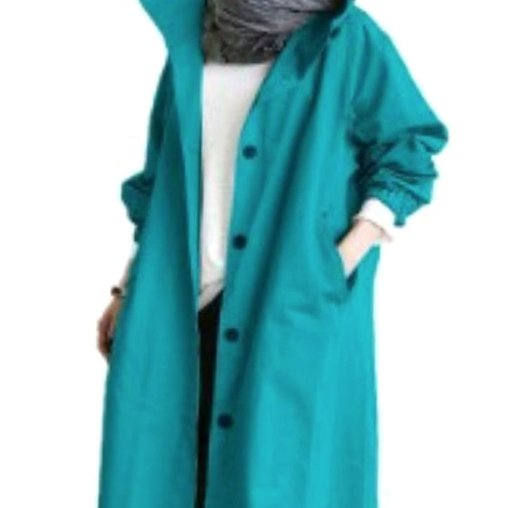 Women's Oversized Hooded Button-Up Trench Coat Trenchcoat - Blue