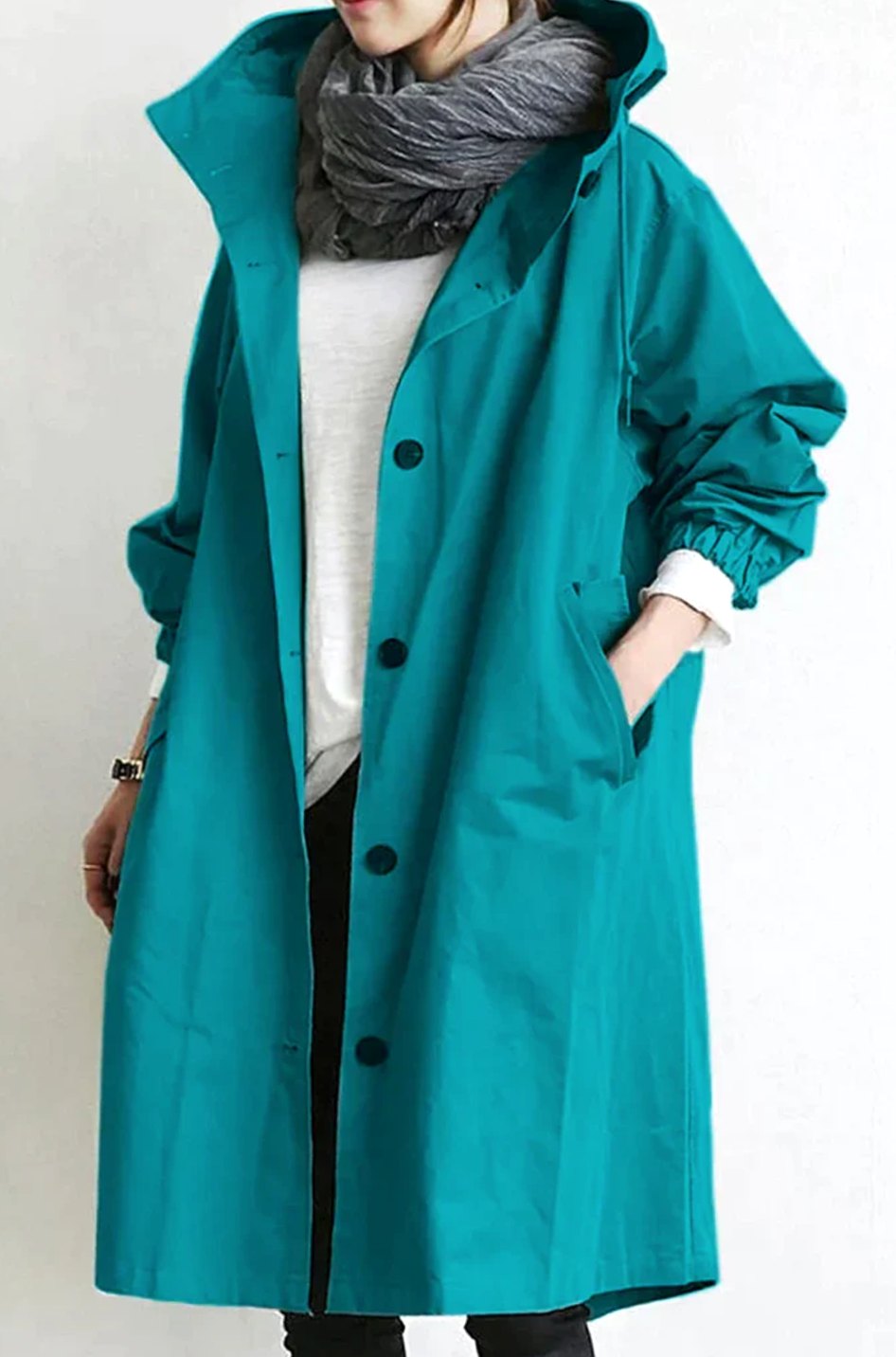 Women's Oversized Hooded Button-Up Trench Coat Trenchcoat - Aqua