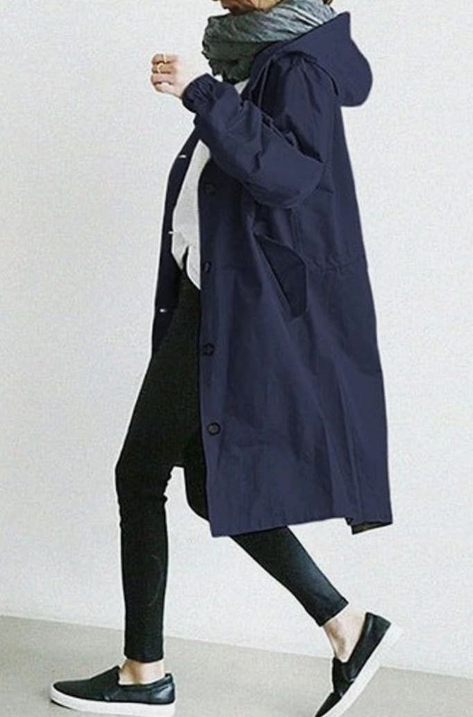 Women's Oversized Hooded Button-Up Trench Coat Trenchcoat - Navy Blue