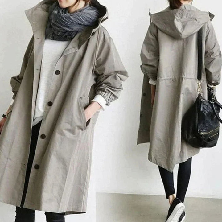 Women's Oversized Hooded Button-Up Trench Coat Trenchcoat - Light Grey