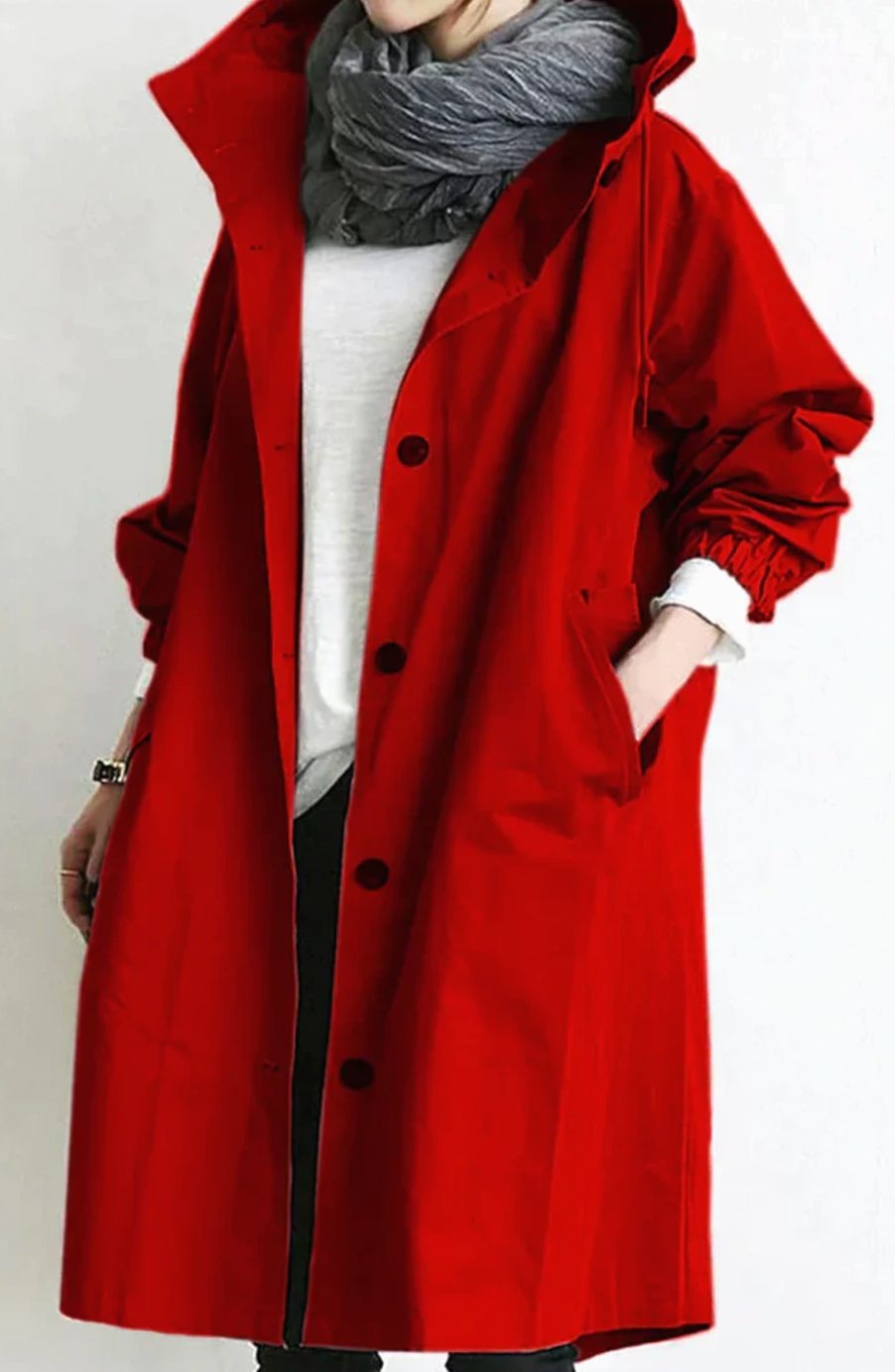 Women's Oversized Hooded Button-Up Trench Coat Trenchcoat - Red