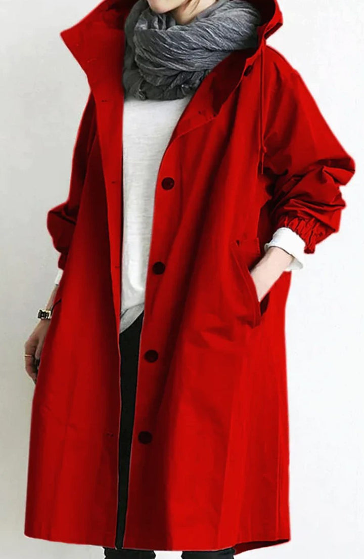Women's Oversized Hooded Button-Up Trench Coat Trenchcoat - Red
