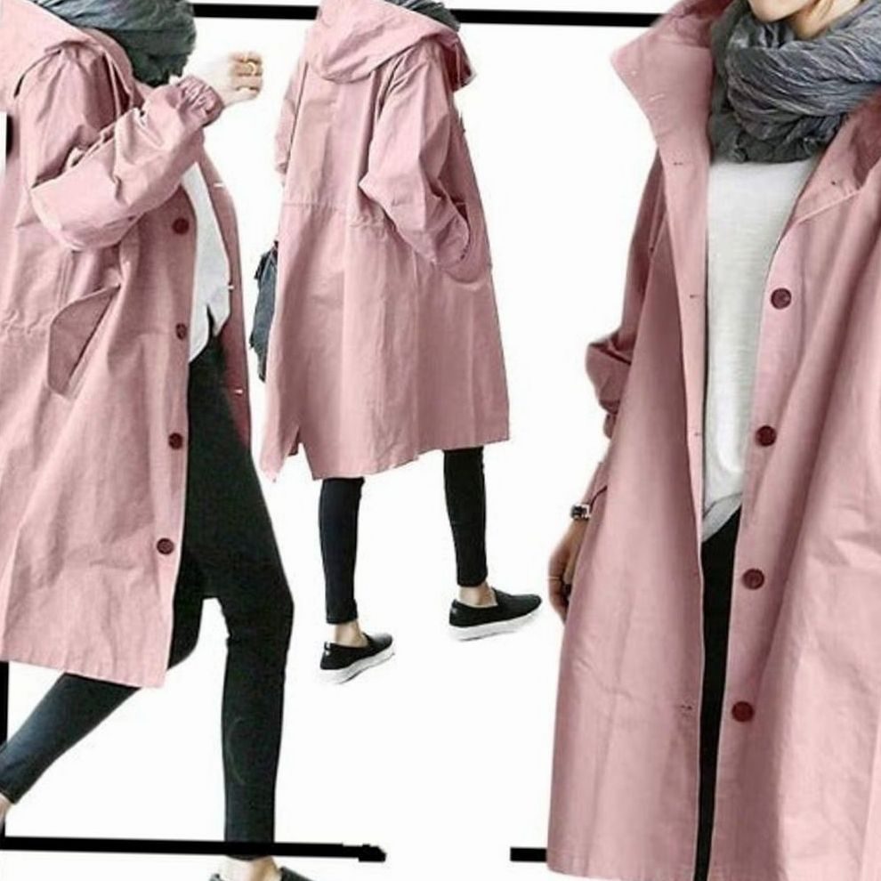 Women's Oversized Hooded Button-Up Trench Coat Trenchcoat - Pink