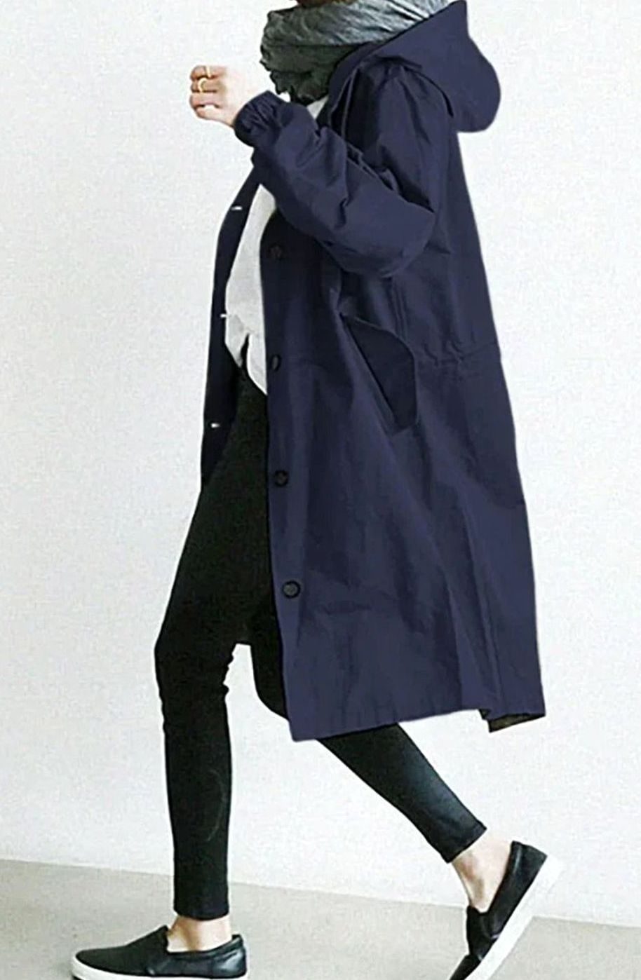 Women's Oversized Hooded Button-Up Trench Coat Trenchcoat - Navy Blue