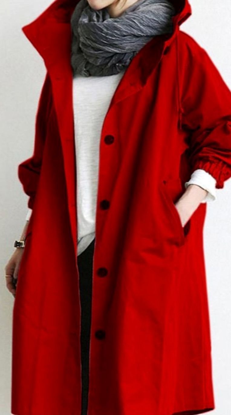 Women's Oversized Hooded Button-Up Trench Coat Trenchcoat - Red