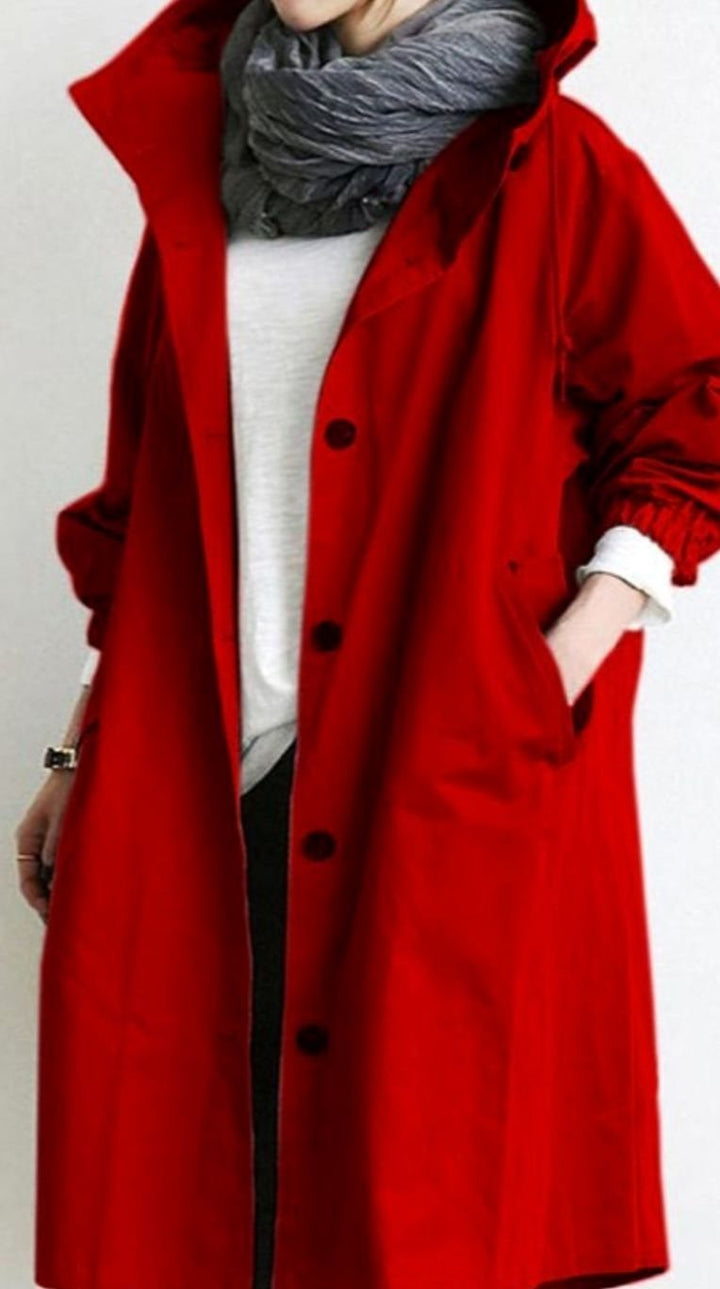 Women's Oversized Hooded Button-Up Trench Coat Trenchcoat - Red