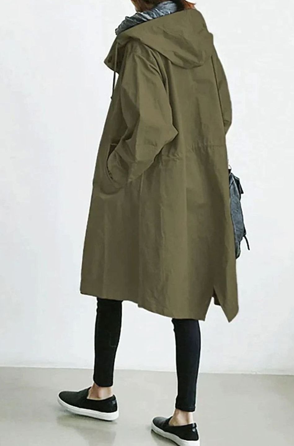 Women's Oversized Hooded Button-Up Trench Coat Trenchcoat - Army Green