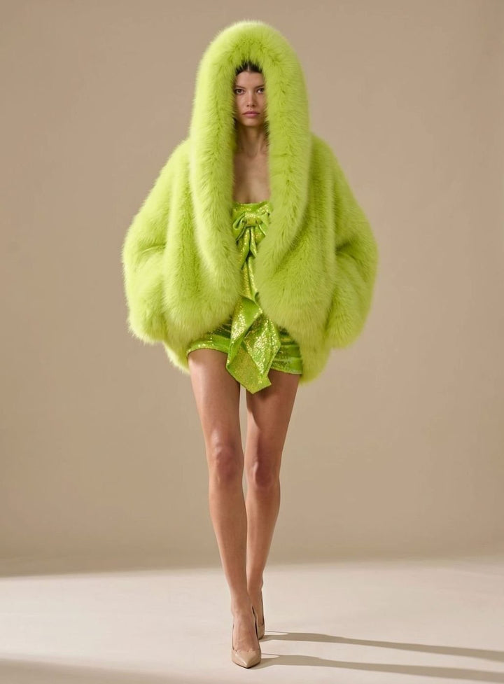 Women's Oversized Hooded Faux Fur Winter Coat - Green