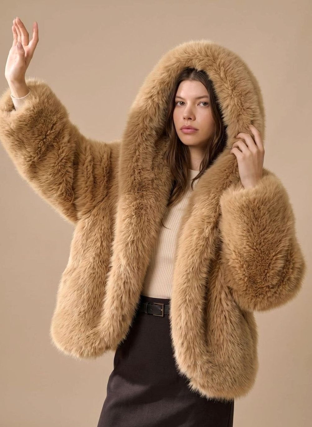 Women's Oversized Hooded Faux Fur Winter Coat - Brown