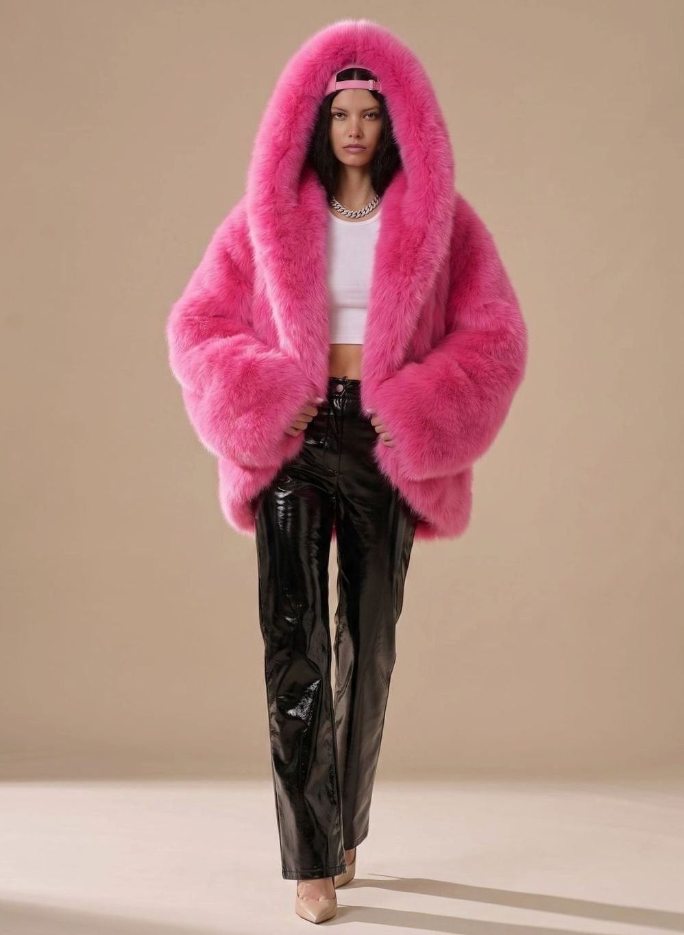 Women's Oversized Hooded Faux Fur Winter Coat - Rose Red