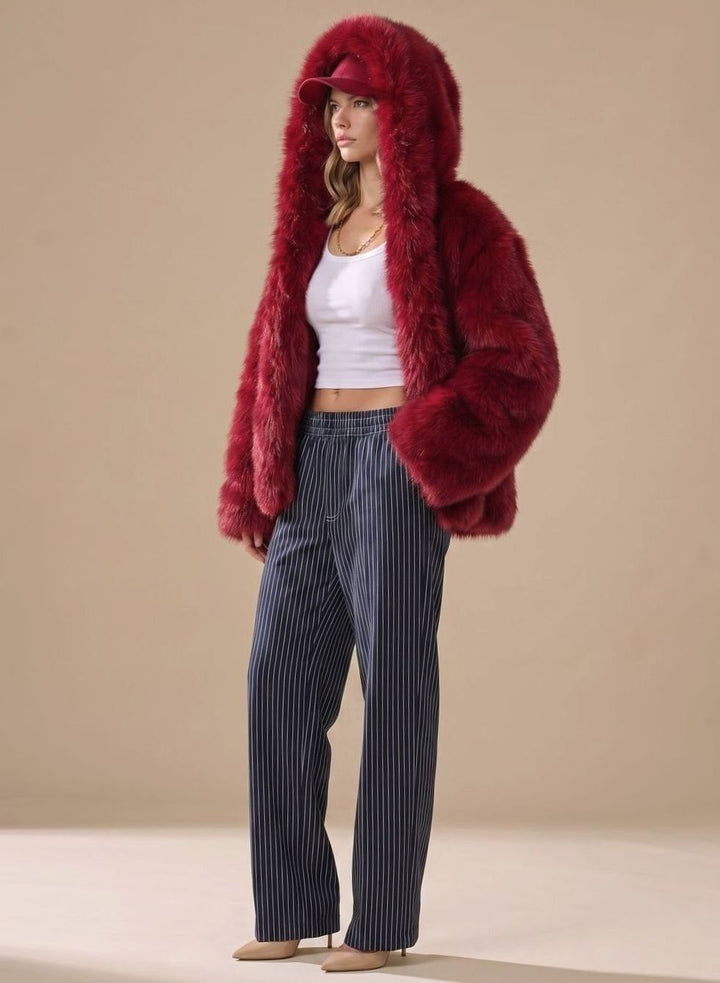 Women's Oversized Hooded Faux Fur Winter Coat - Red