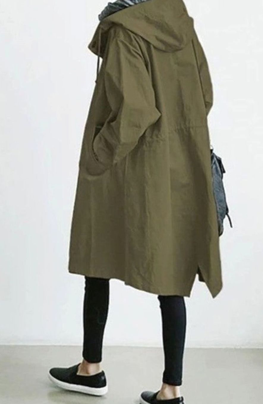 Women's Oversized Hooded Longline Trench Coat, Army Green - Army Green