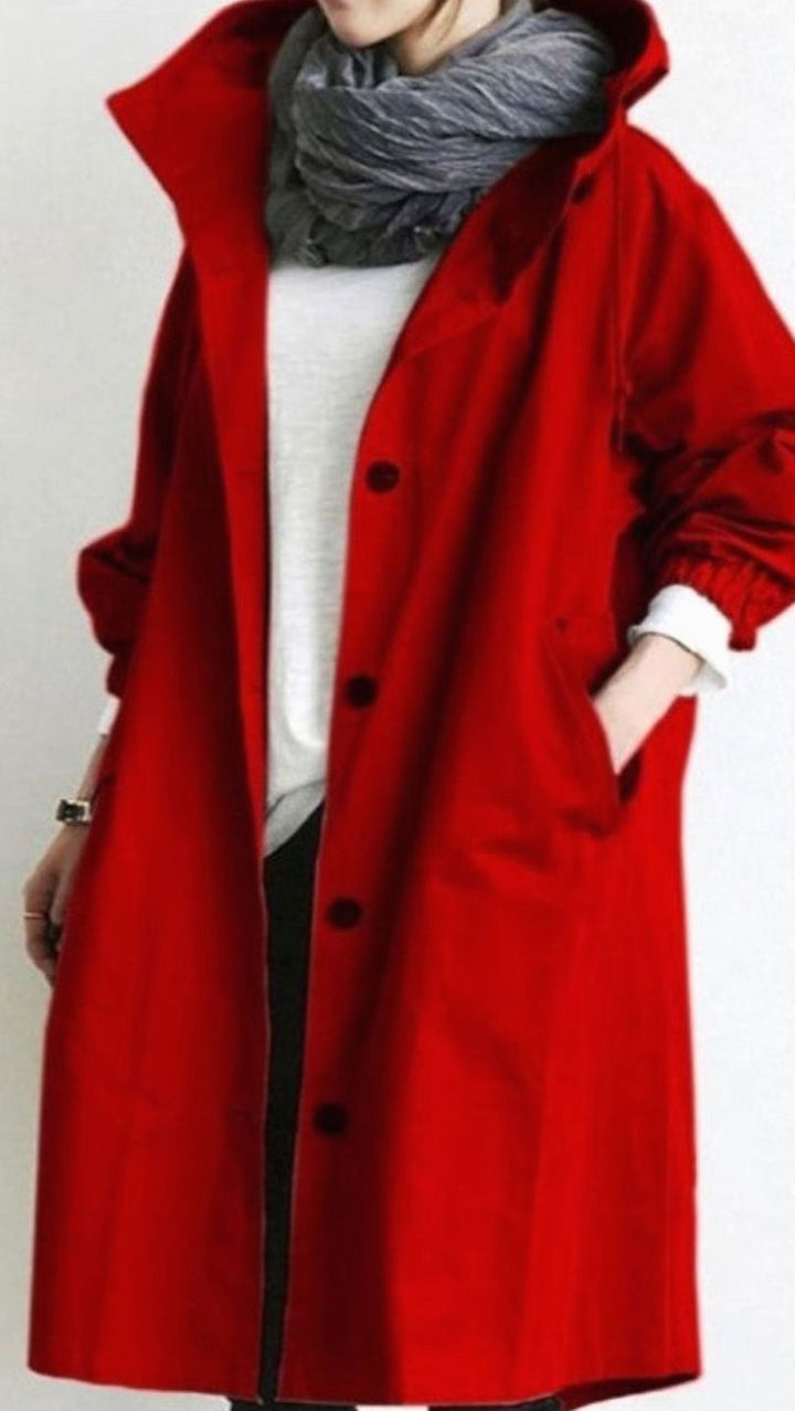 Women's Oversized Hooded Longline Trench Coat, Army Green - Red