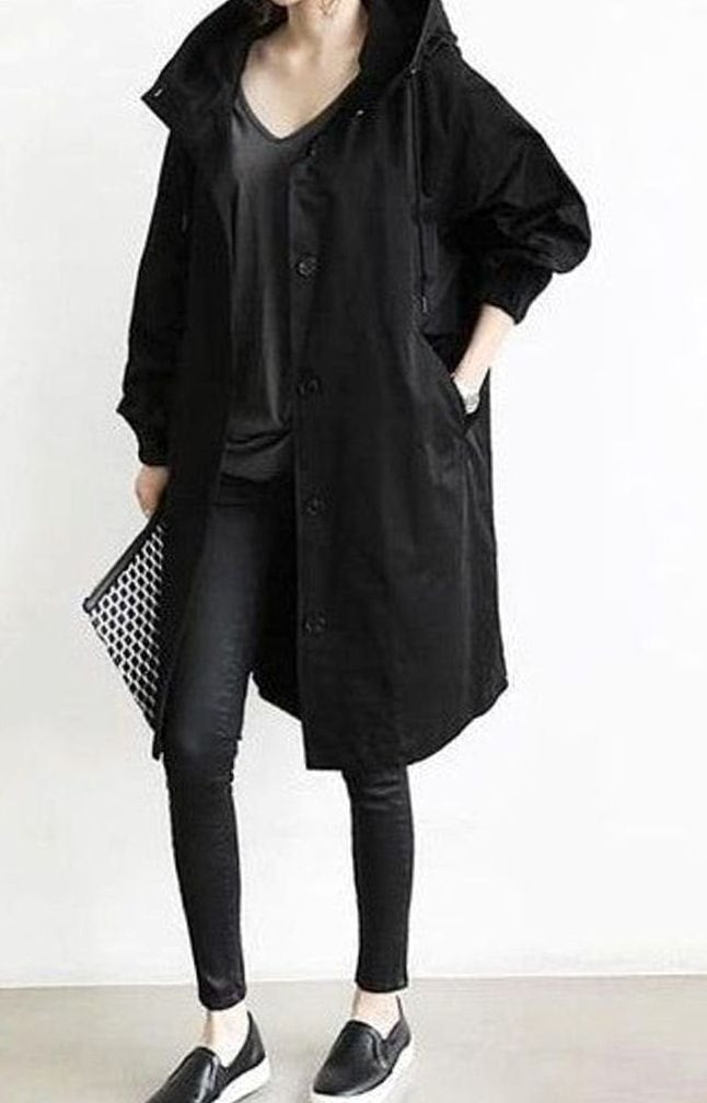 Women's Oversized Hooded Longline Trench Coat, Army Green - Black