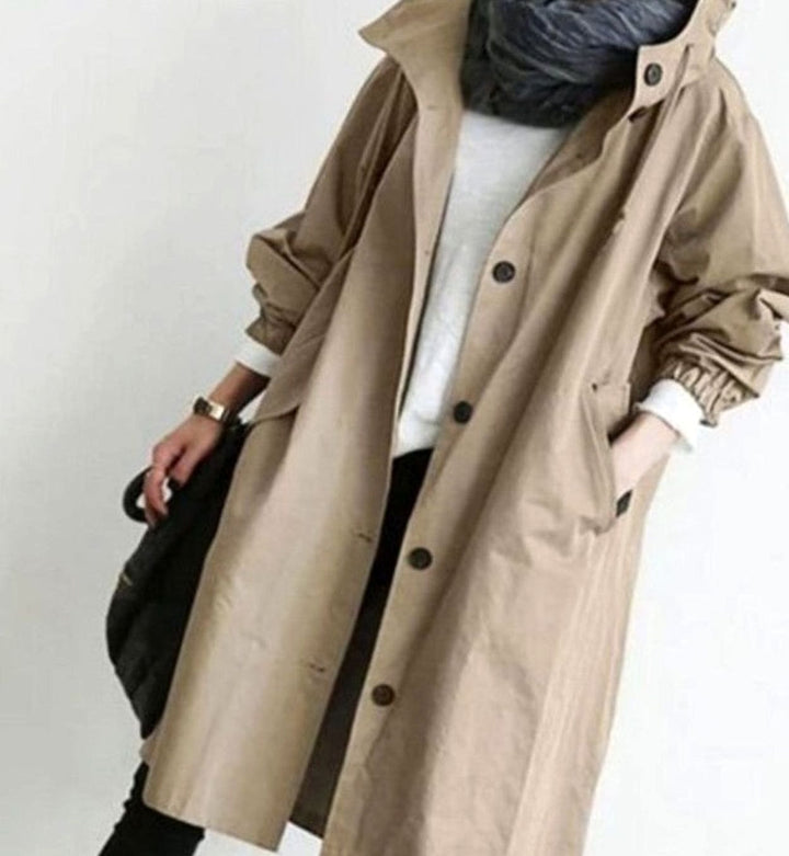 Women's Oversized Hooded Longline Trench Coat, Army Green - Khaki