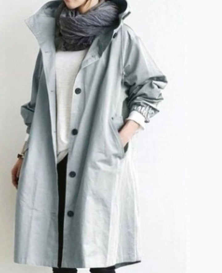 Women's Oversized Hooded Longline Trench Coat, Army Green - Light Blue