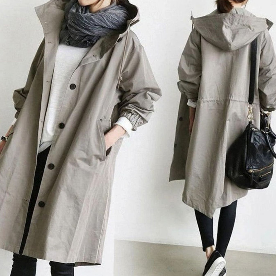 Women's Oversized Hooded Longline Trench Coat, Army Green - Light Grey