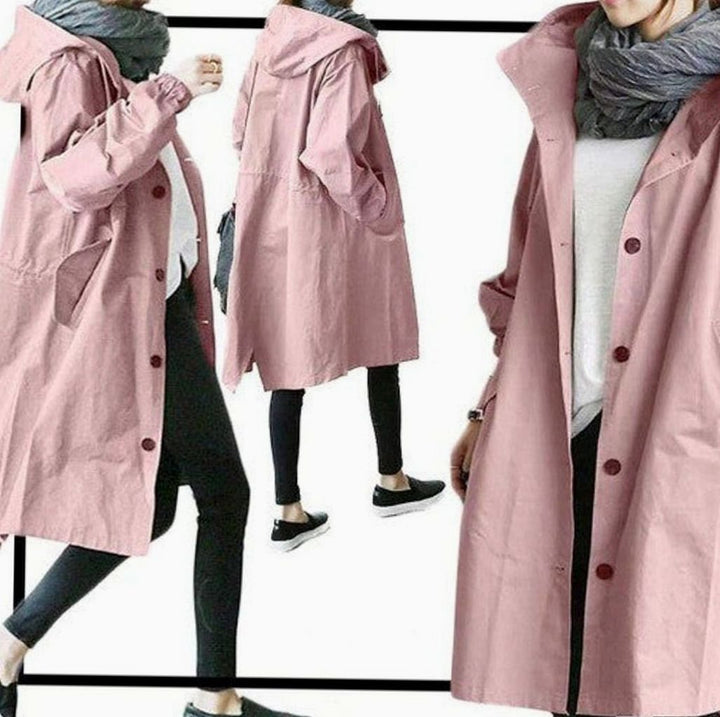 Women's Oversized Hooded Longline Trench Coat, Army Green - Pink