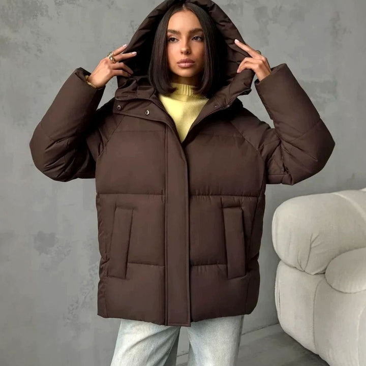 Women's Oversized Hooded Puffer Jacket Fleece-Lined Patch Pockets