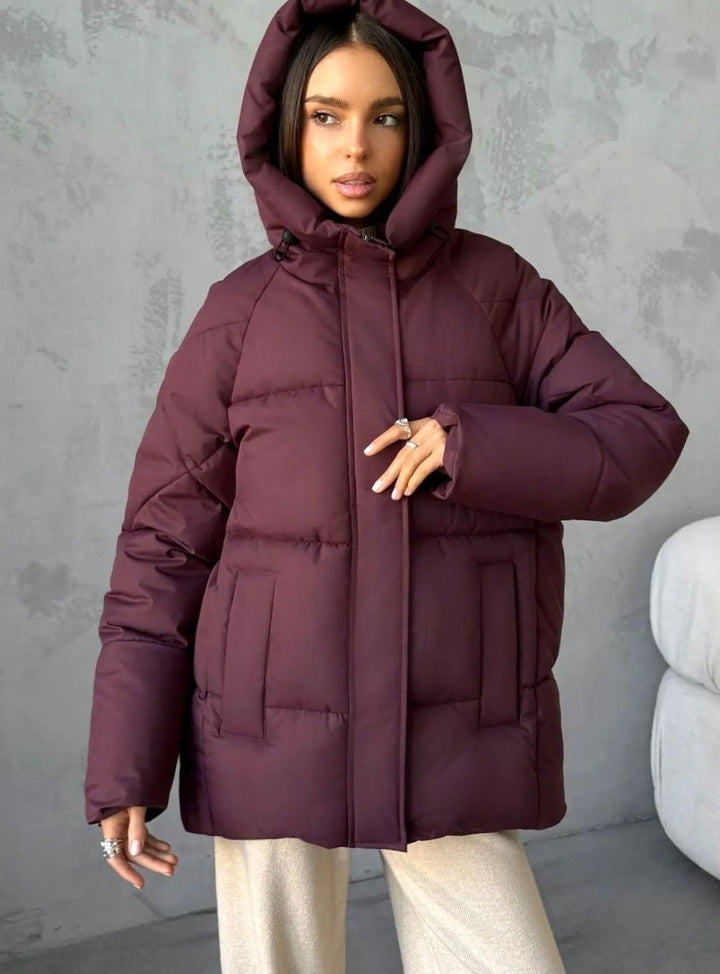 Women's Oversized Hooded Puffer Jacket Fleece-Lined Patch Pockets - Burgundy