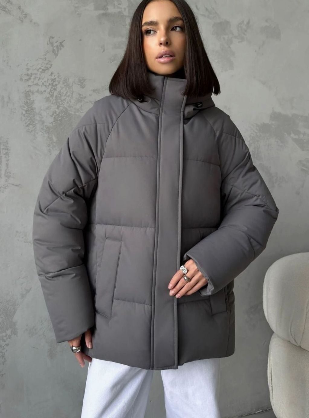 Women's Oversized Hooded Puffer Jacket Fleece-Lined Patch Pockets - Grey