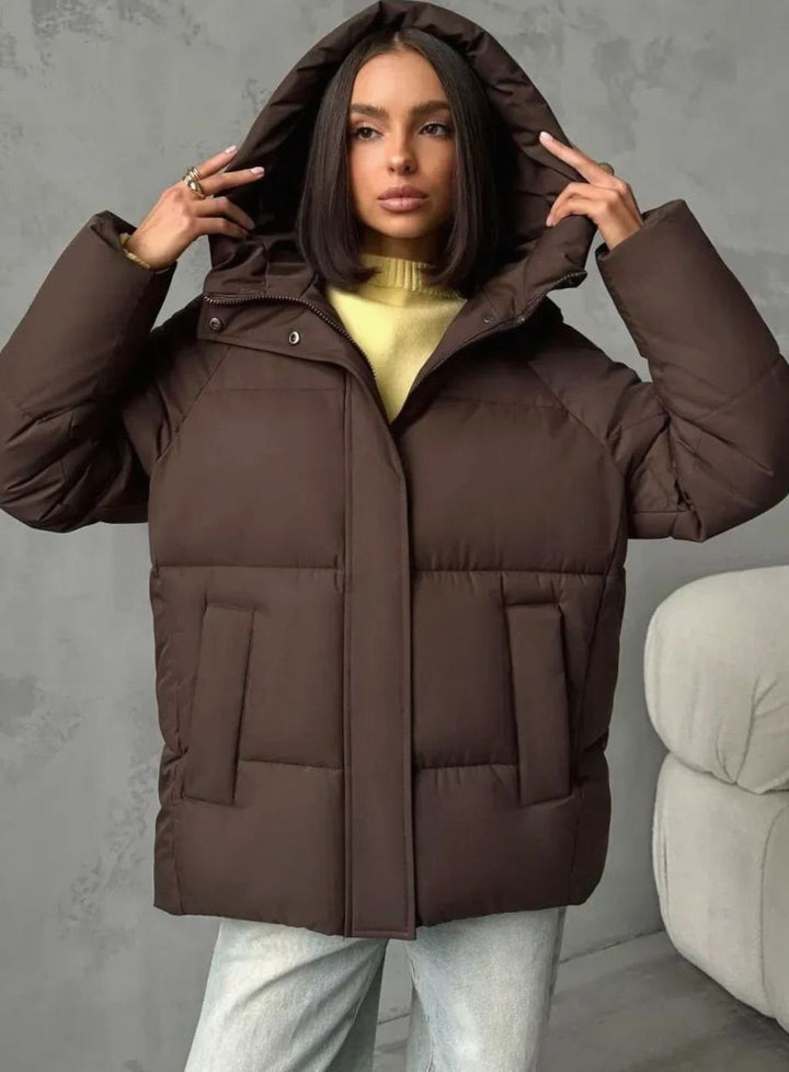 Women's Oversized Hooded Puffer Jacket Fleece-Lined Patch Pockets - Brown