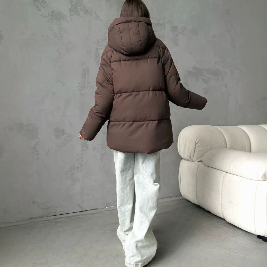 Women's Oversized Hooded Puffer Jacket Fleece-Lined Patch Pockets