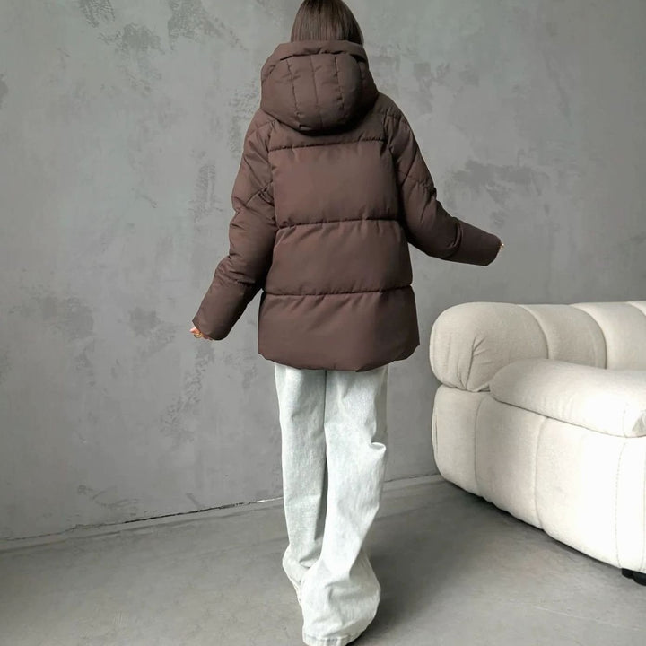 Women's Oversized Hooded Puffer Jacket Fleece-Lined Patch Pockets