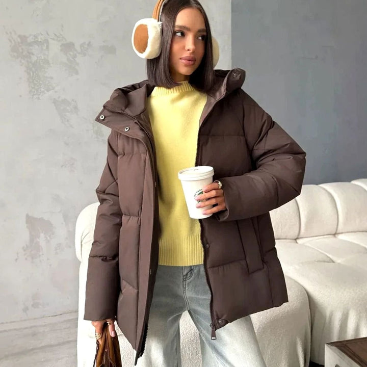 Women's Oversized Hooded Puffer Jacket Fleece-Lined Patch Pockets