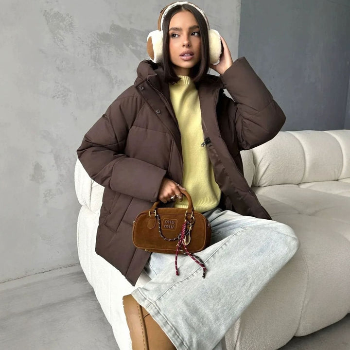 Women's Oversized Hooded Puffer Jacket Fleece-Lined Patch Pockets