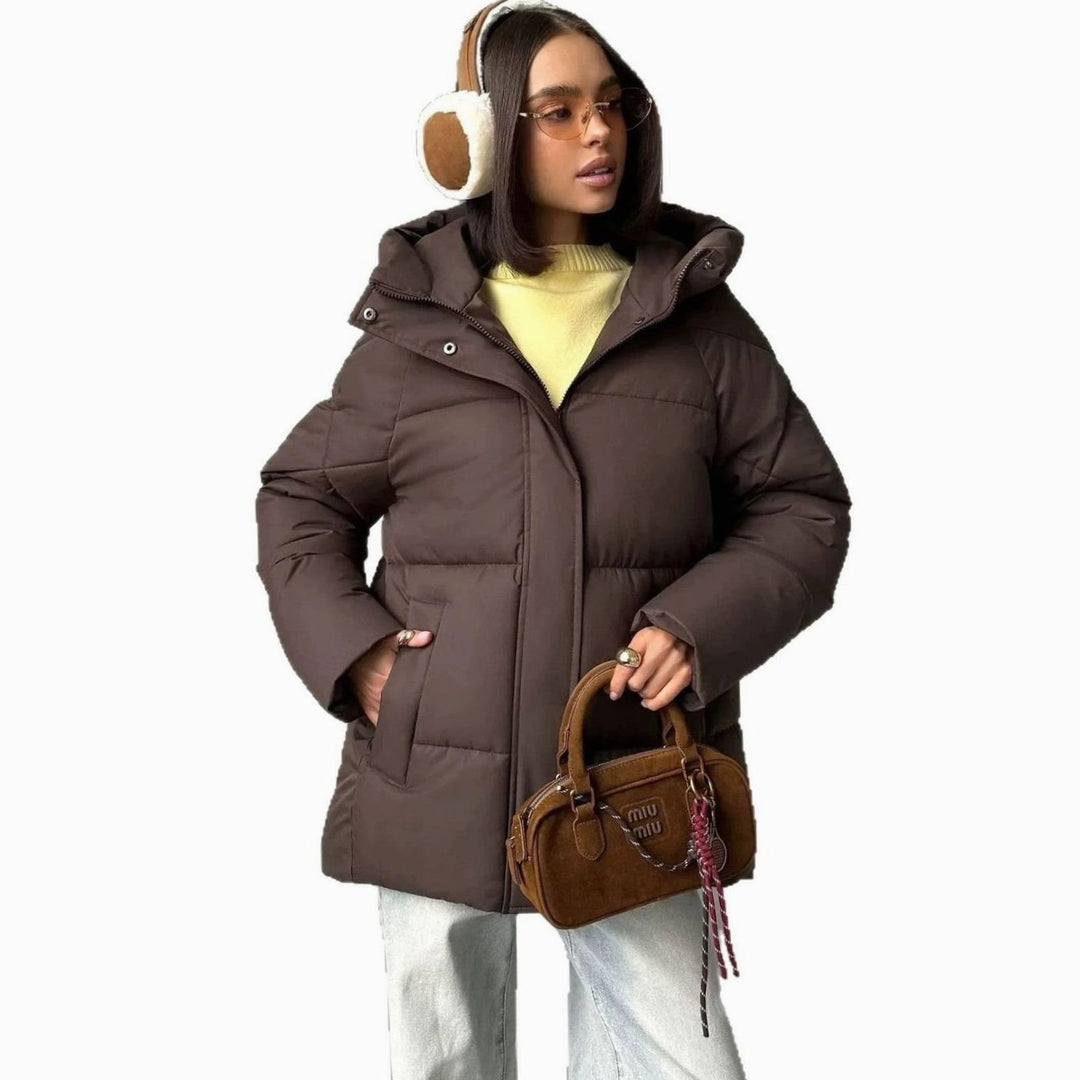 Women's Oversized Hooded Puffer Jacket Fleece-Lined Patch Pockets